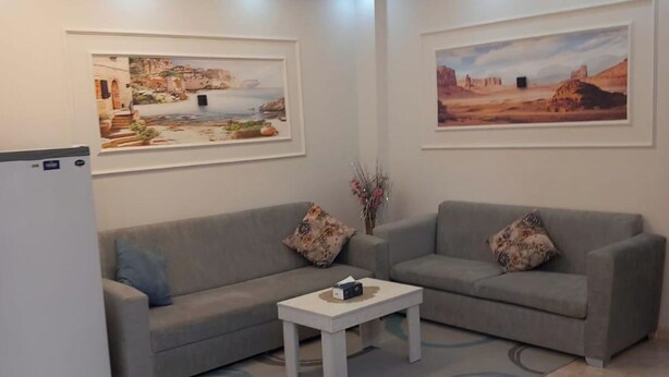 A living room with two grey sofas, a white coffee table, and a small white refrigerator. There are two framed paintings on the walls. - 1 bedroom apartment sleeping 2 people's only (Sharm Elshake)