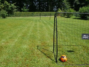 Portería de fútbol con un balón en el suelo, rodeada de un césped bien cuidado.