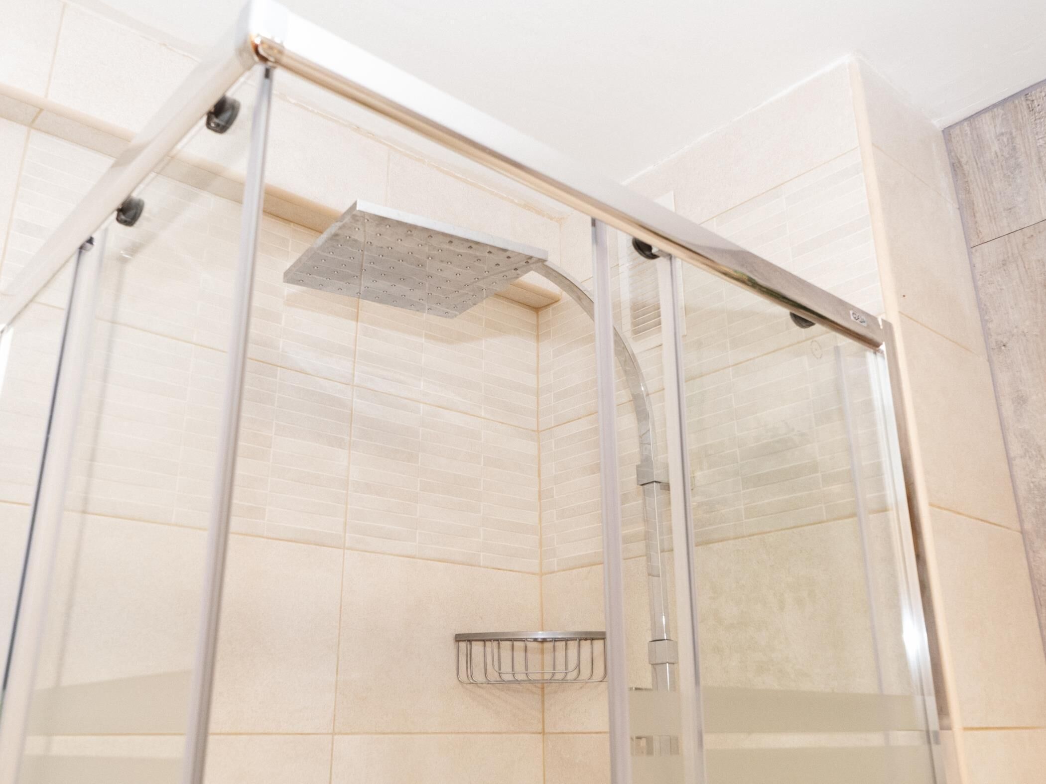 A modern shower with a glass door and a rain showerhead.