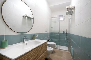 Shower, hair dryer, bidet, towels