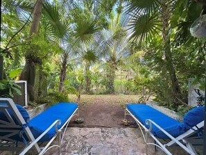 A covered outdoor seating area with two lounge chairs, surrounded by dense tropical foliage.