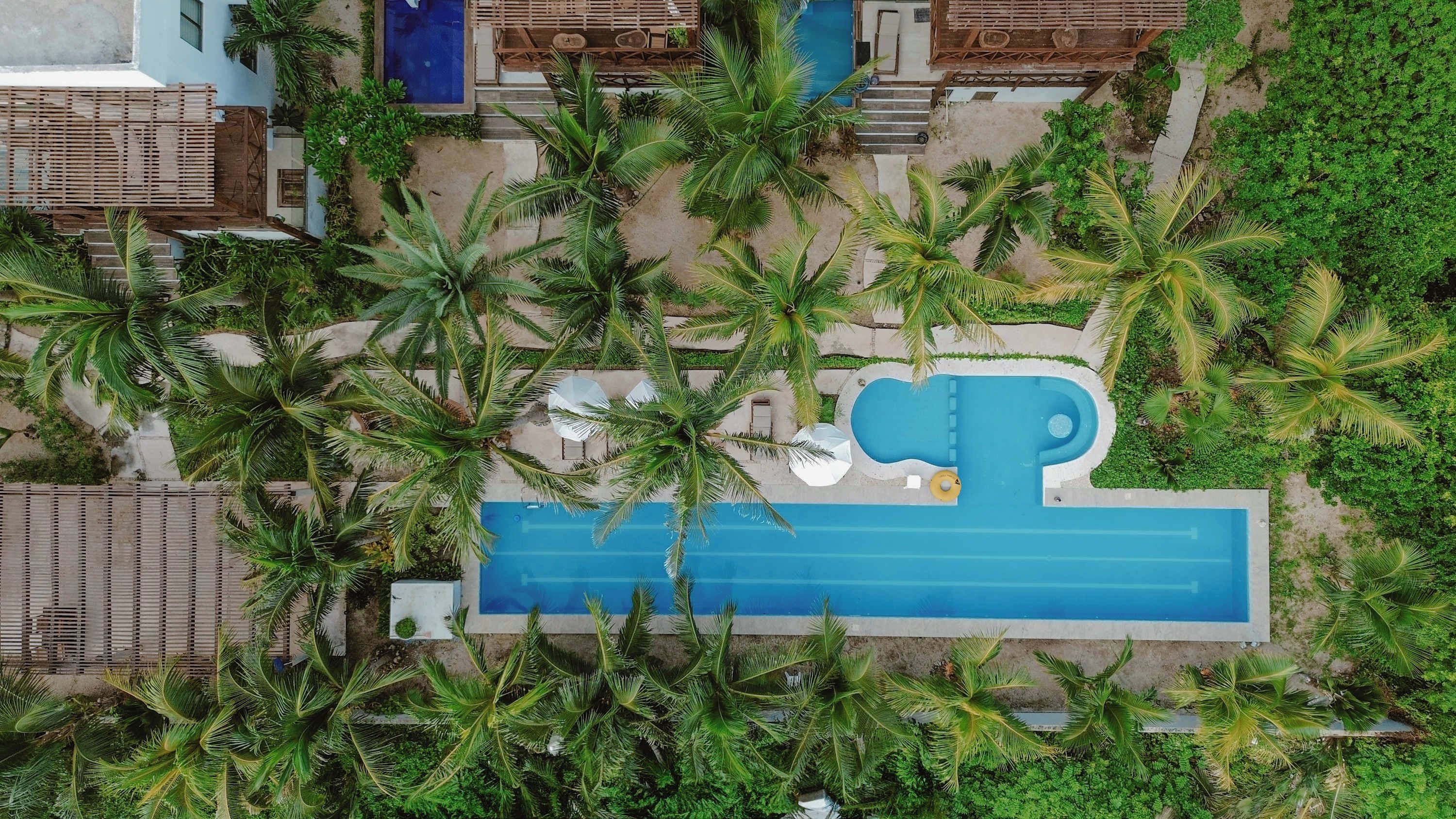 An aerial view of a resort with a swimming pool, palm trees, and a wooden deck.