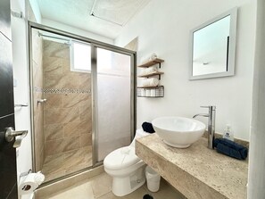 Bathroom features a glass-enclosed shower, toilet, and large round sink with storage for towels and toiletries.