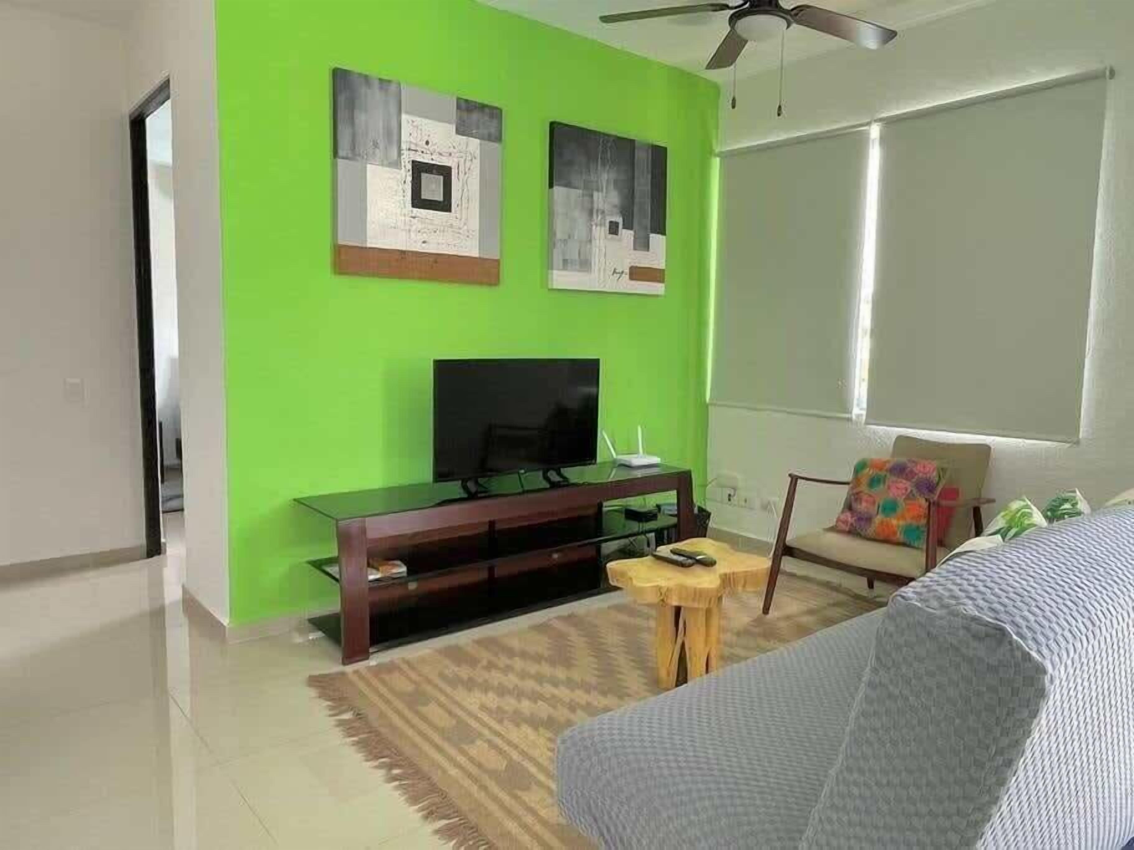 A modern living room with a green accent wall, a flat-screen TV, a wooden entertainment unit, a patterned rug, and a sofa with a cushion.
