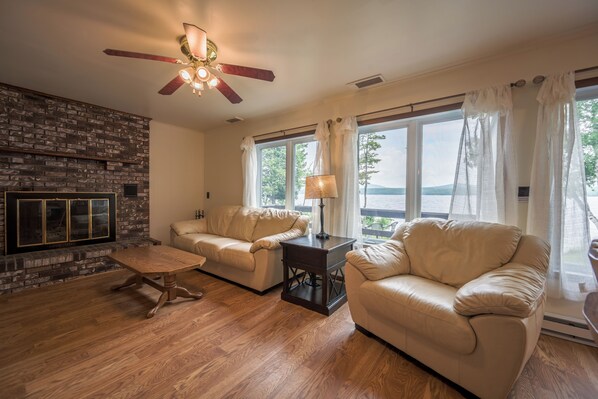 Smart TV, fireplace, books