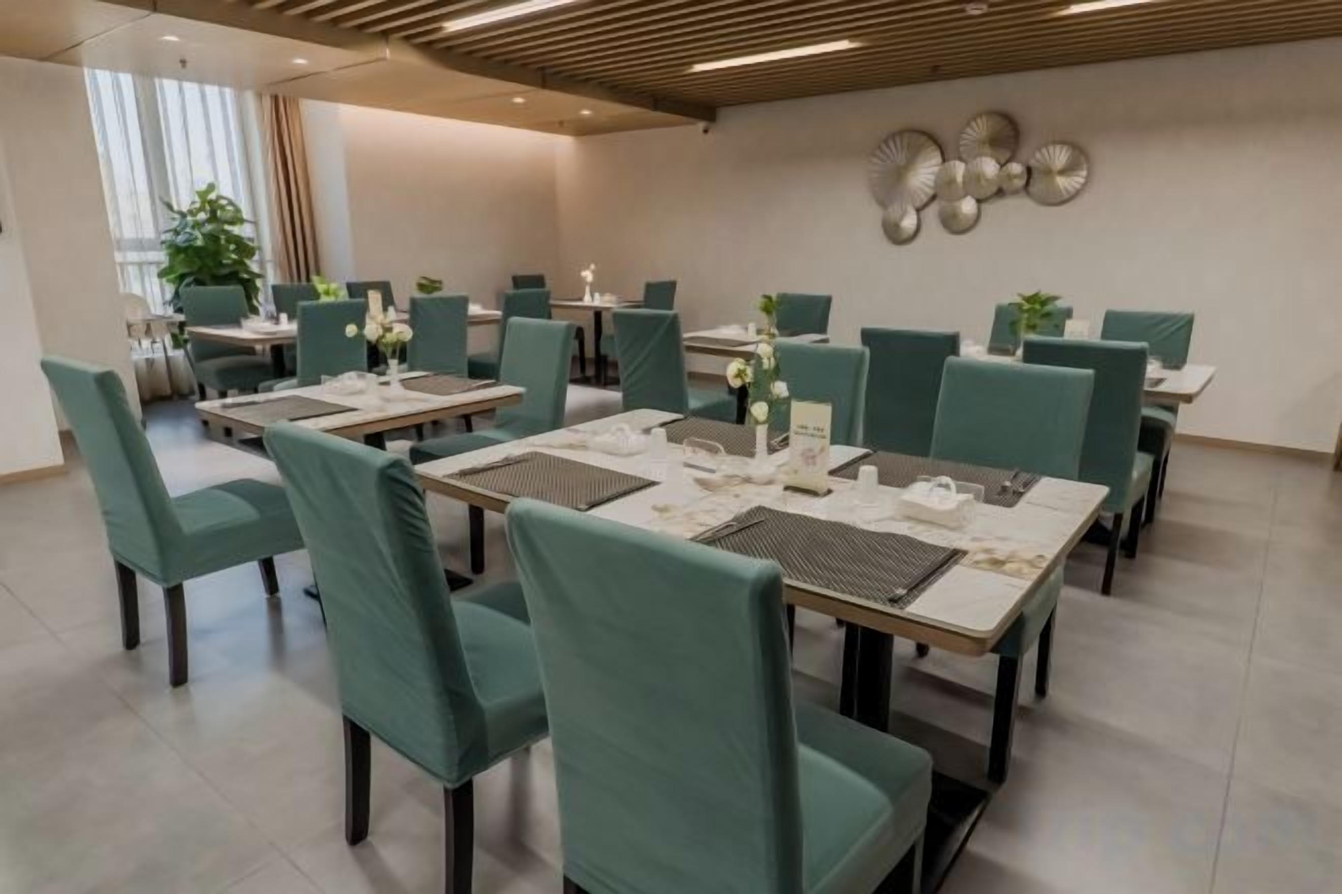 A dining area with tables and chairs, a plant, and a wall with decorative elements.