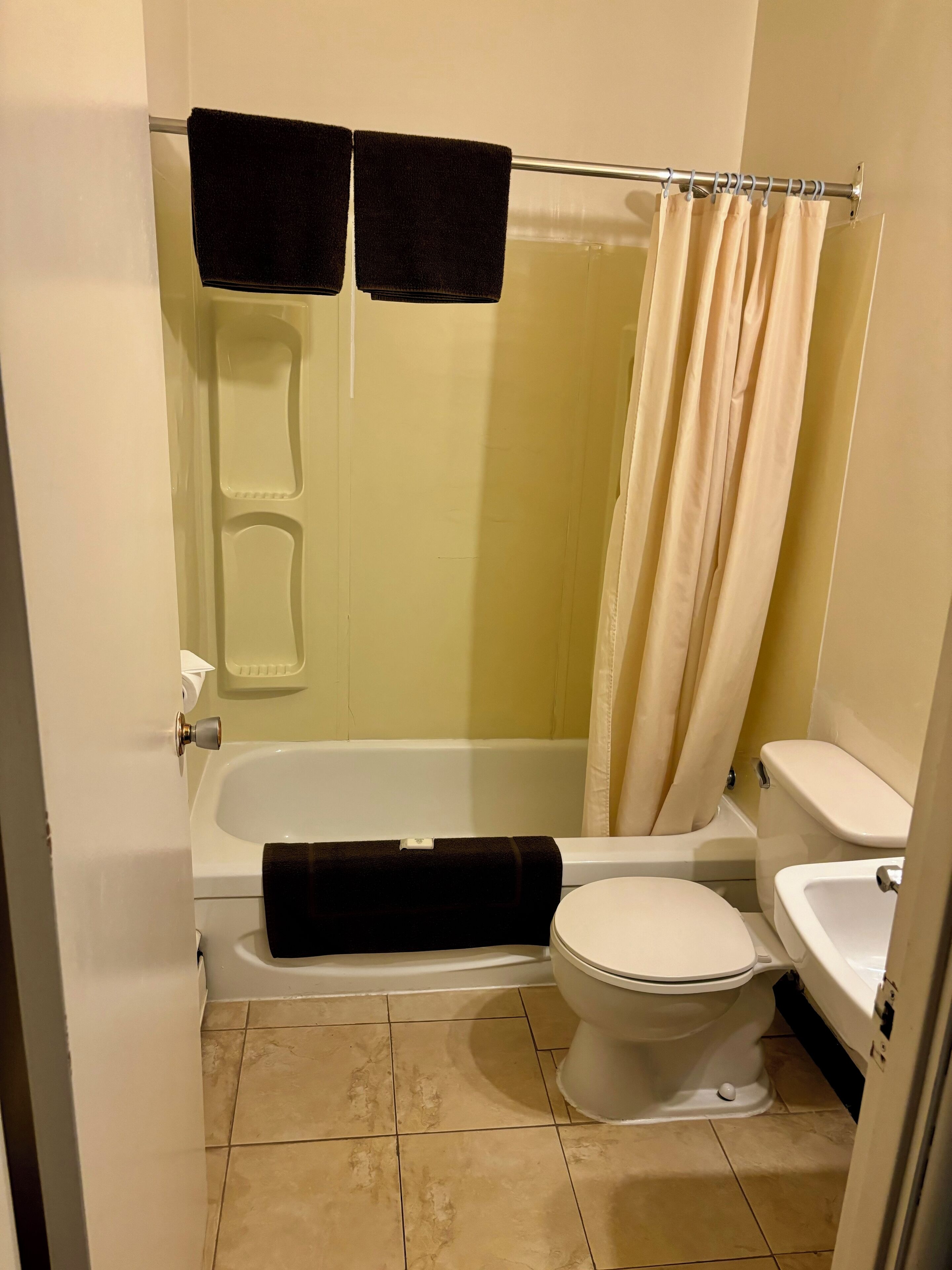 Une salle de bain avec une baignoire, des toilettes et un rideau de douche.