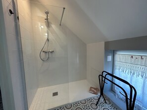 Regadera, secadora de cabello, toallas, papel de baño