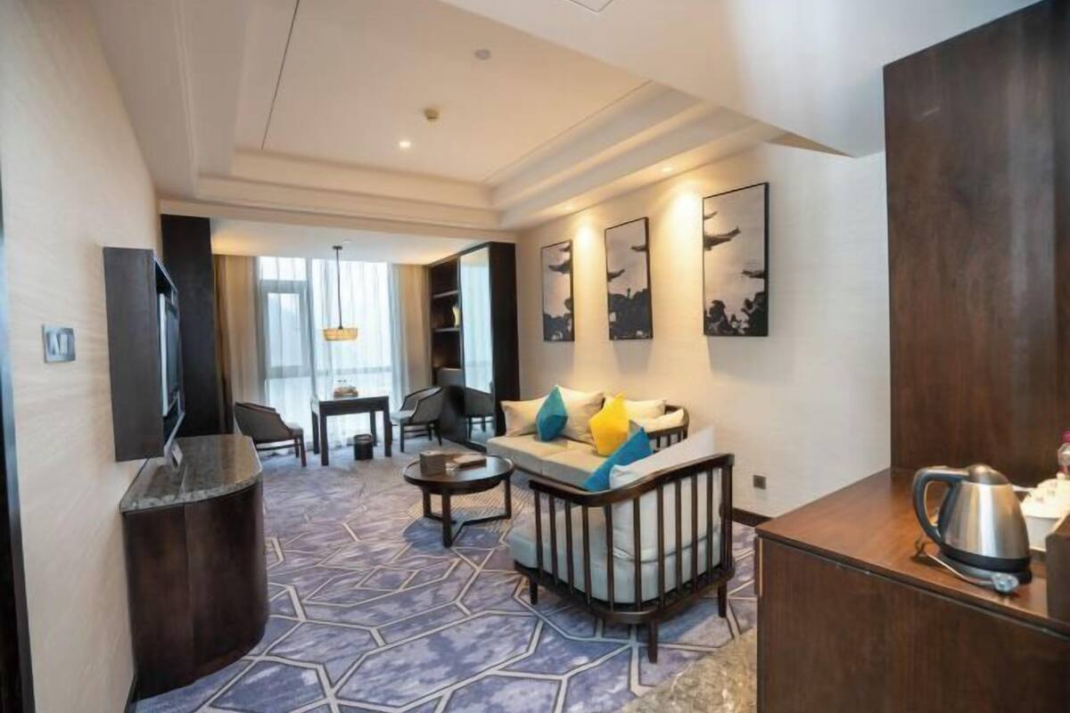 Une chambre d’hôtel moderne équipée d’un canapé, d’une table basse, d’une télévision et d’une grande fenêtre.