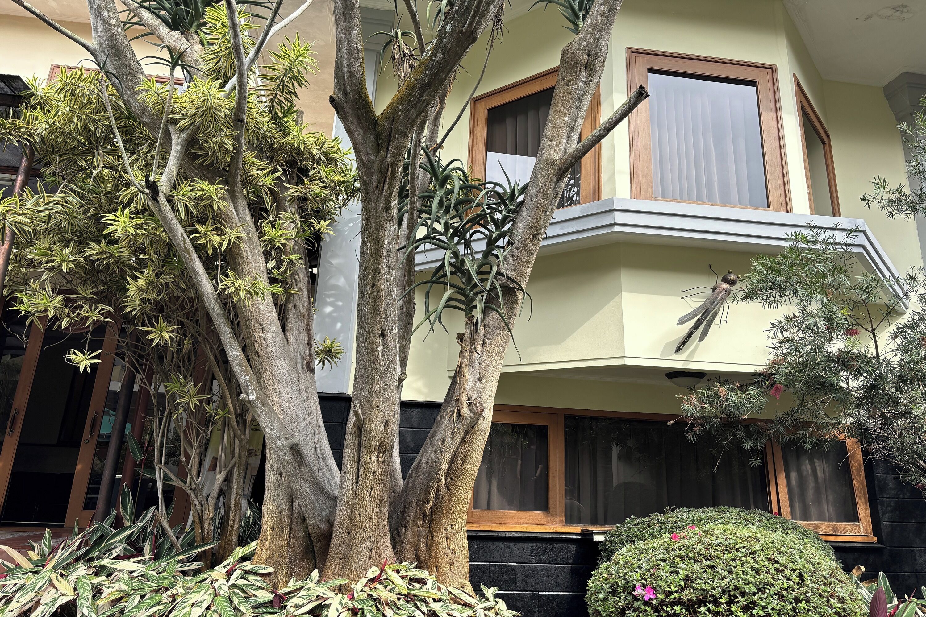 Un edificio con balcón, grandes árboles y un jardín bien cuidado.