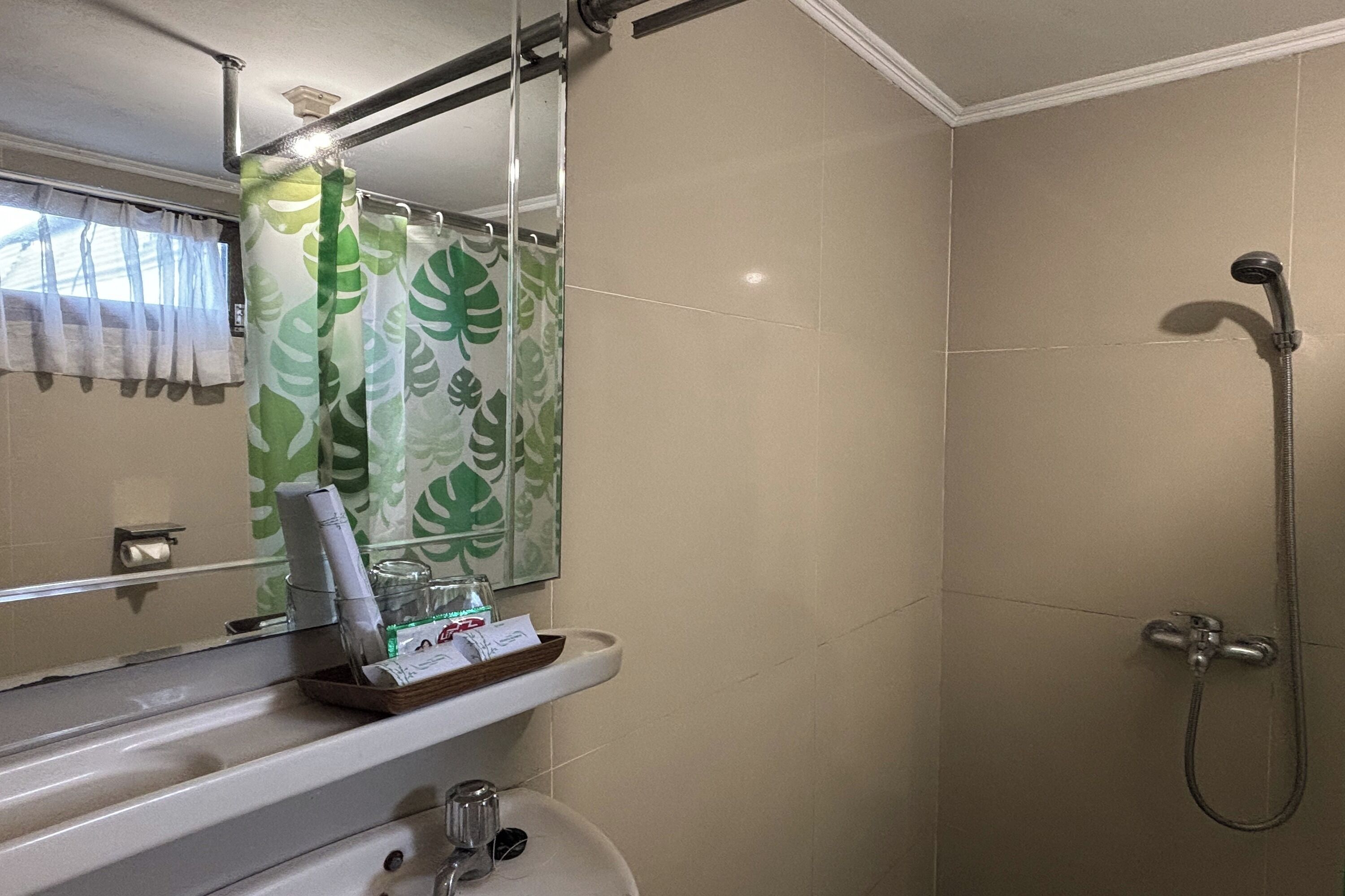 A bathroom with a shower, a sink with a mirror, and a window with a curtain.