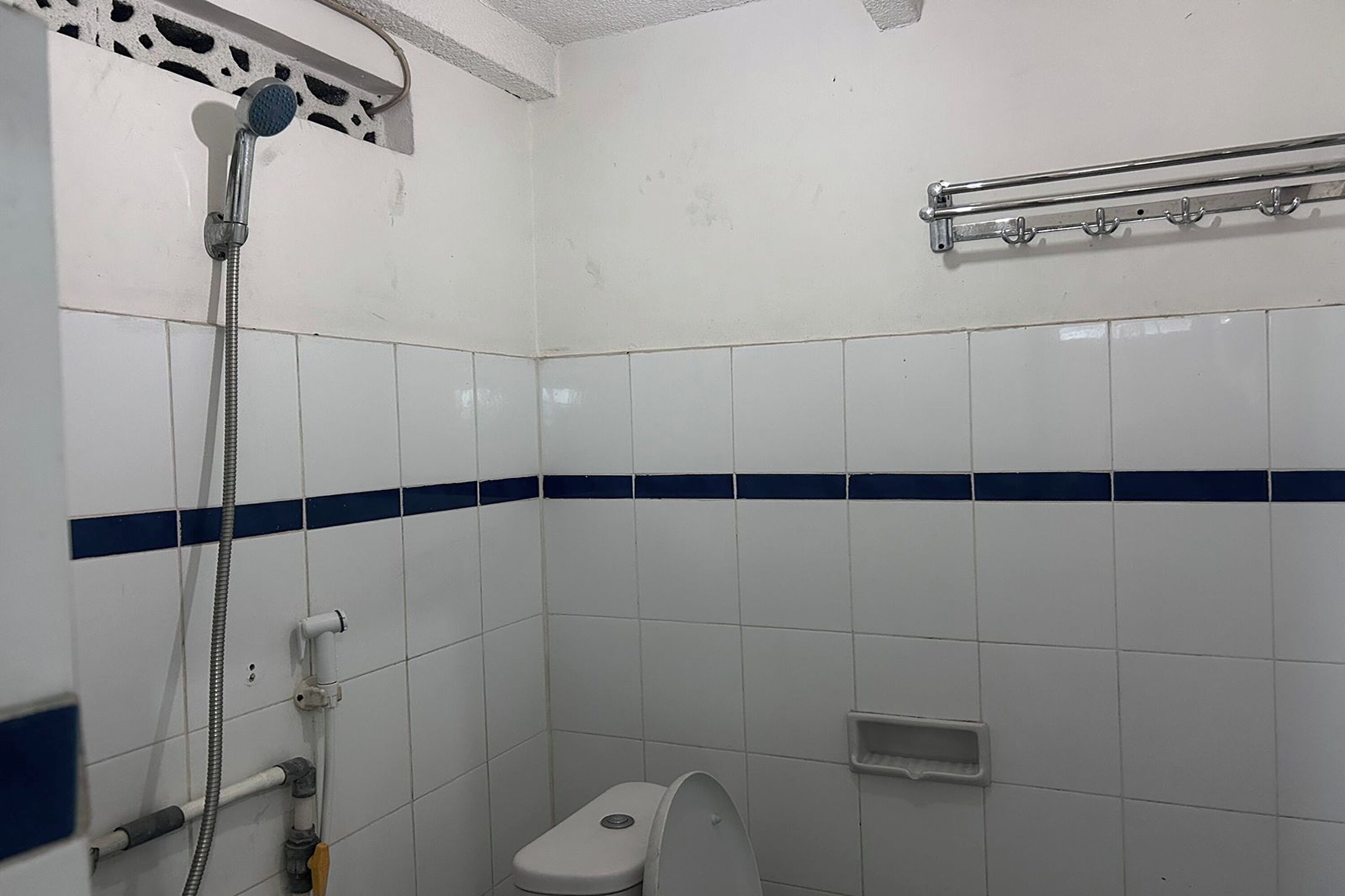 A small, tiled bathroom with a toilet, a shower, and a towel rack.