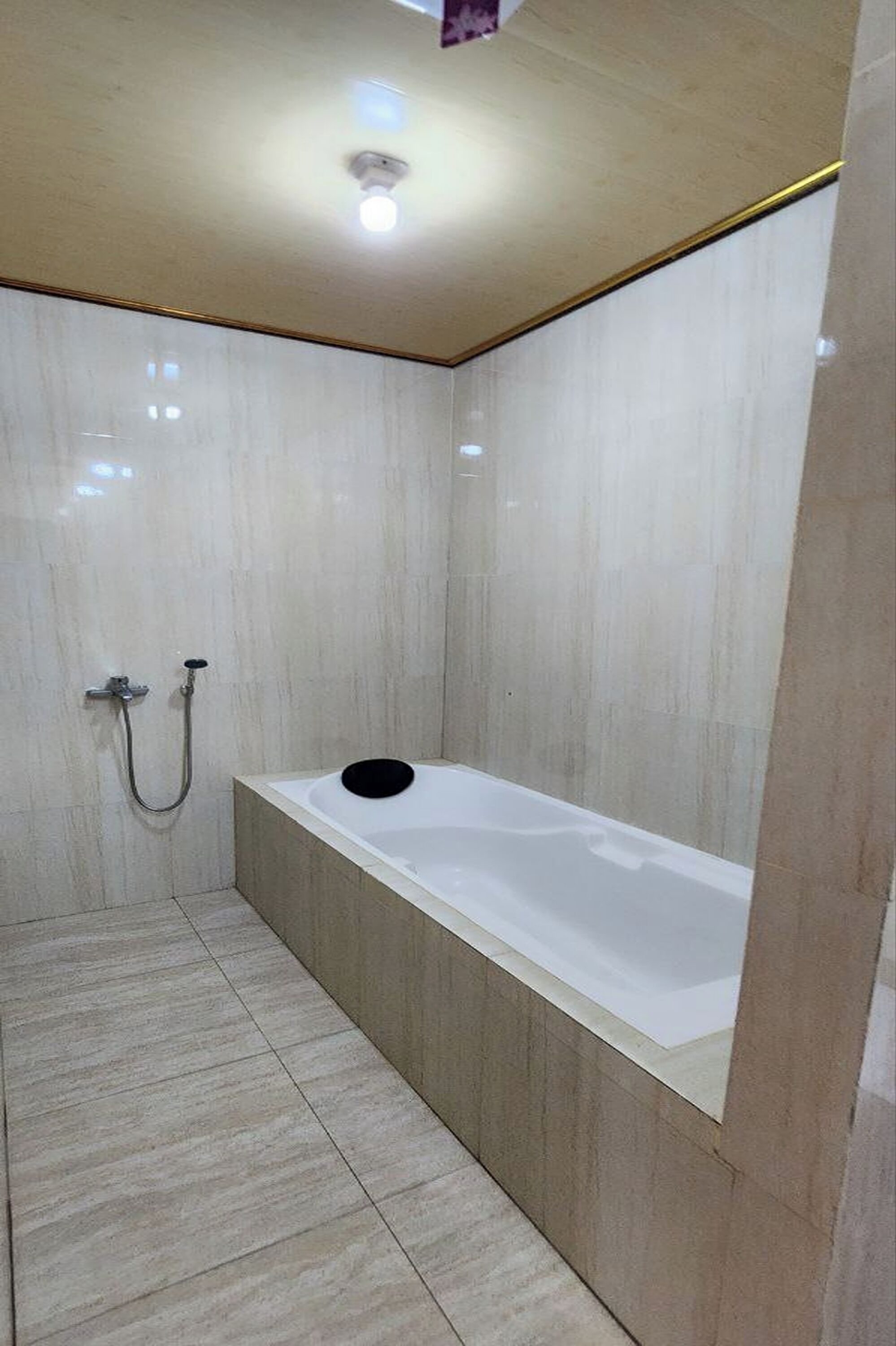 Un baño moderno con una bañera independiente, cabezal de ducha y una lámpara en el techo.