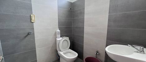 A bathroom with a toilet, shower, and sink.