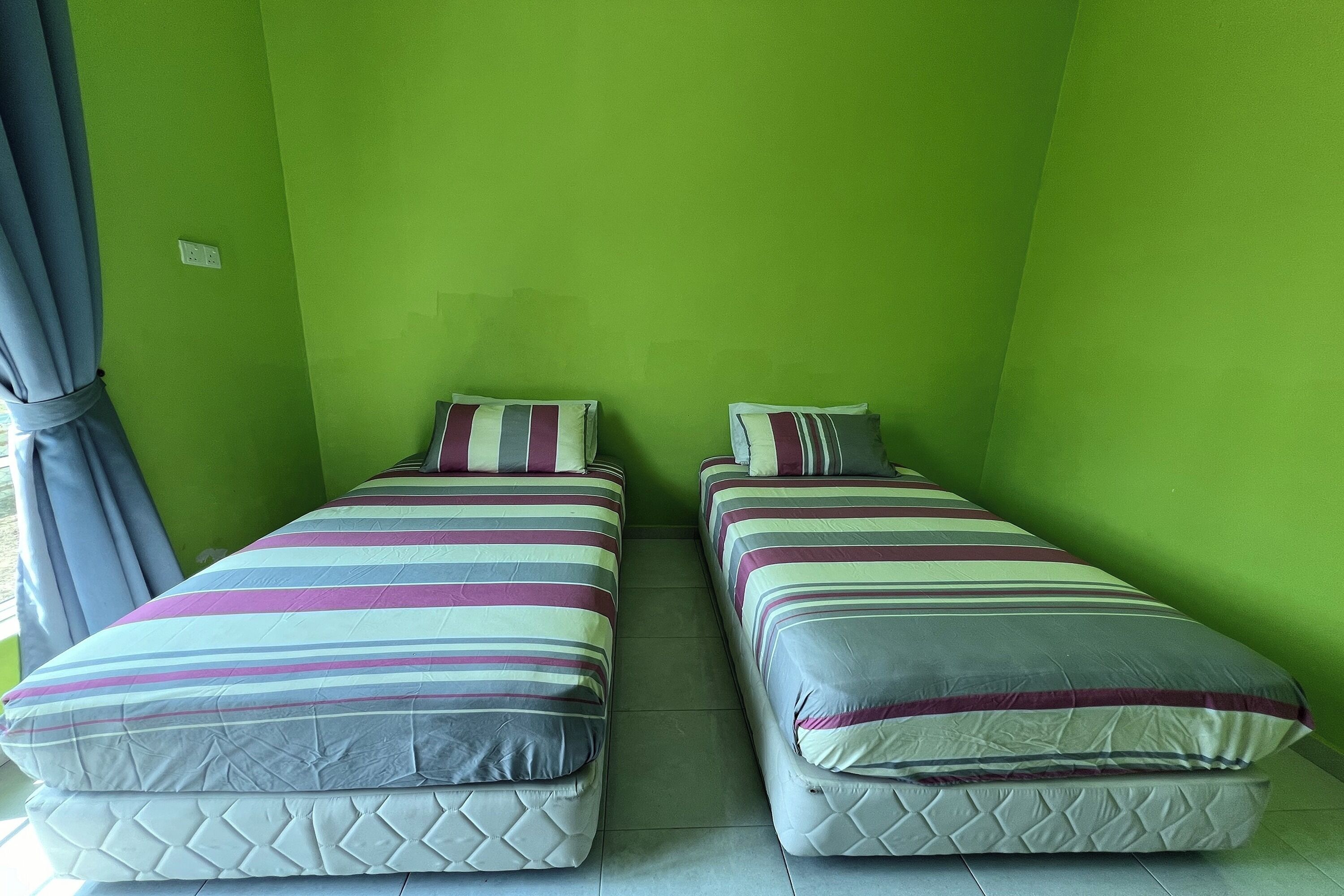 Dos camas individuales con ropa de cama a rayas en una habitación con paredes verdes.