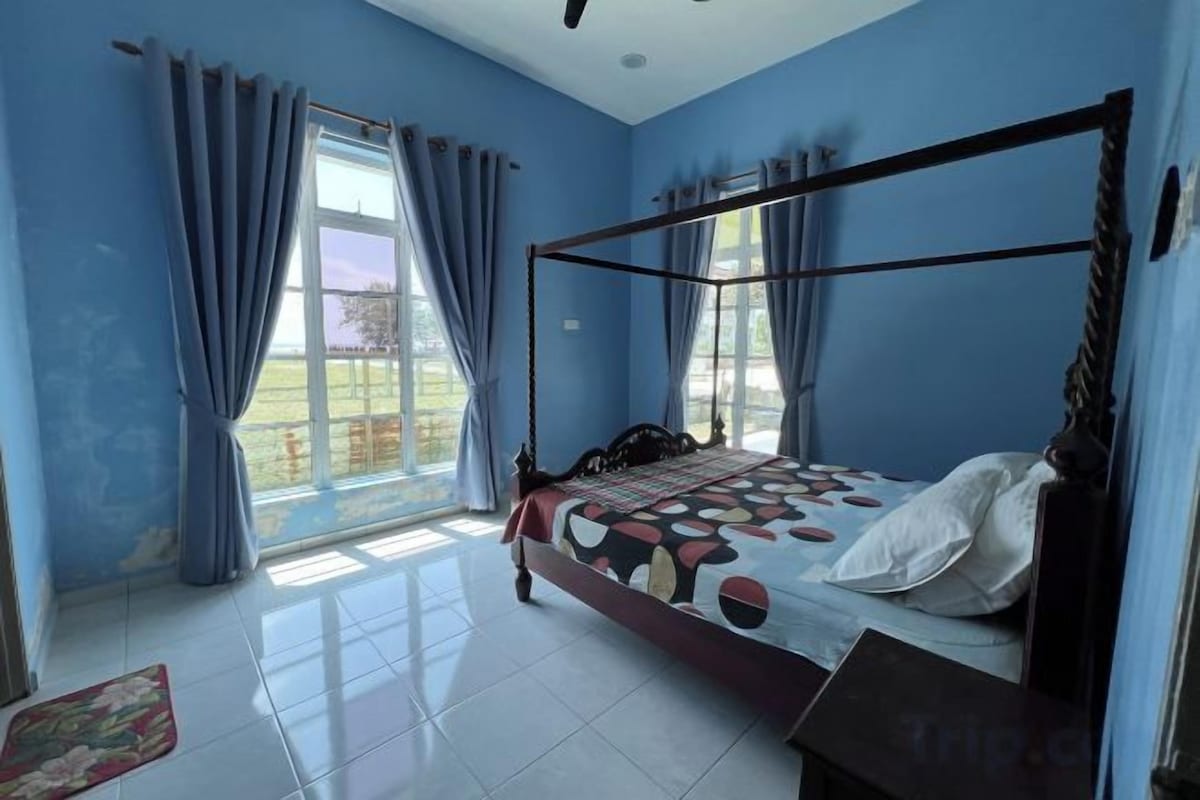 Desk, blackout curtains, iron/ironing board, bed sheets