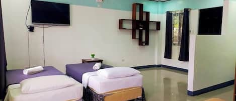 A hotel room with two beds, a TV mounted on the wall, a small table with a plant, and a cross-shaped decoration on the wall.