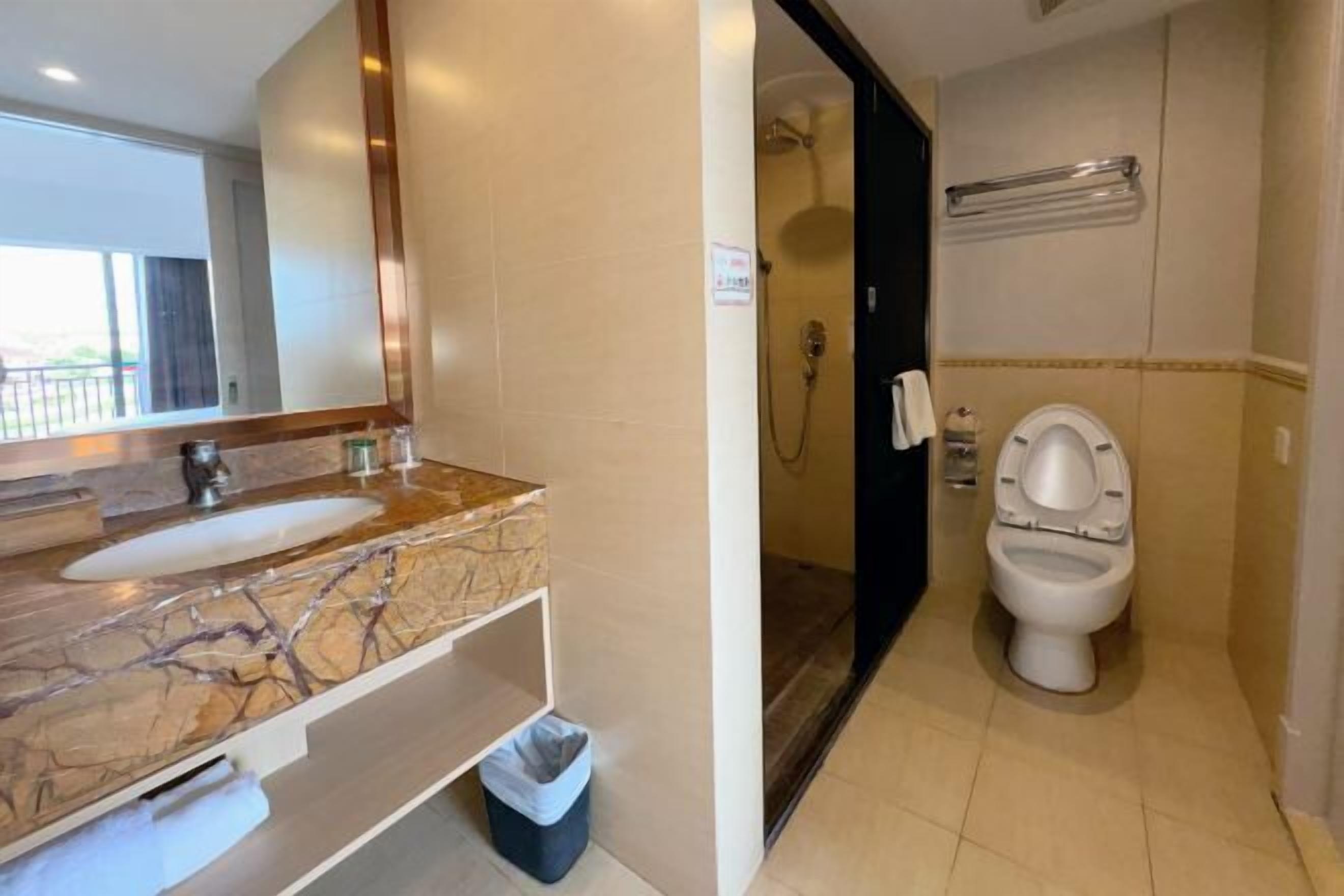 Une salle de bain avec un lavabo en marbre, des toilettes et un espace douche.