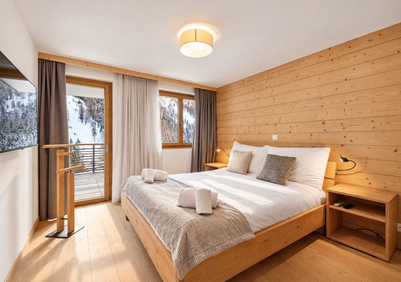A modern bedroom with a wooden bed, a bedside table, a nightstand, and a large window with curtains.