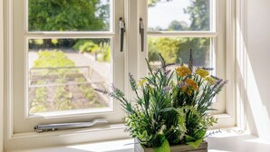 Une fenêtre donnant sur un jardin, un store et un pot de fleurs.