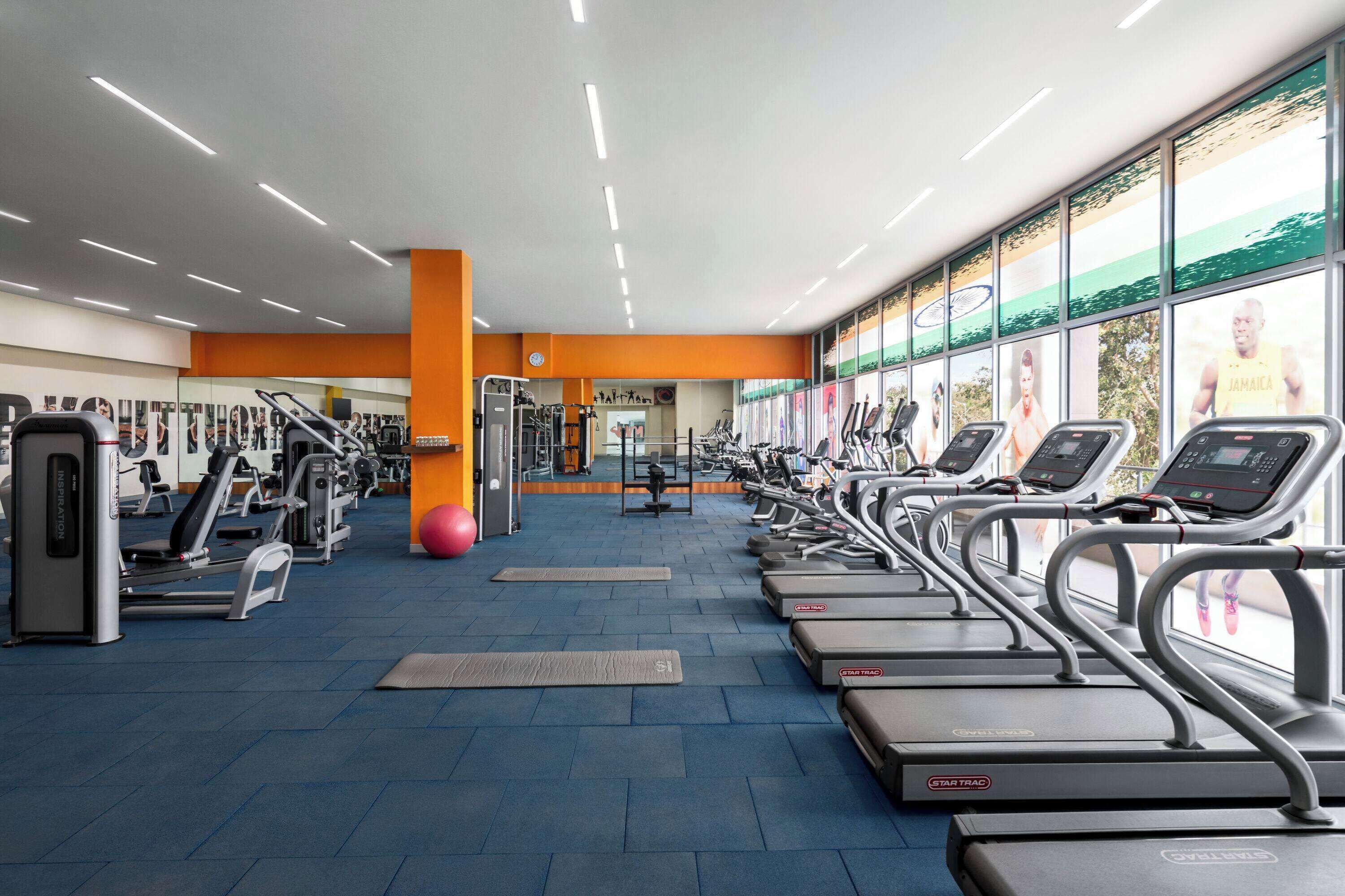 Un gimnasio con cintas de correr, máquinas de pesas y un ventanal con vistas al exterior.