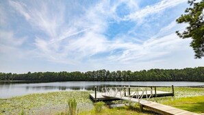 Une jetée en bois s’étendant sur un lac paisible, bordée d’une végétation luxuriante et surplombée d’un ciel dégagé.