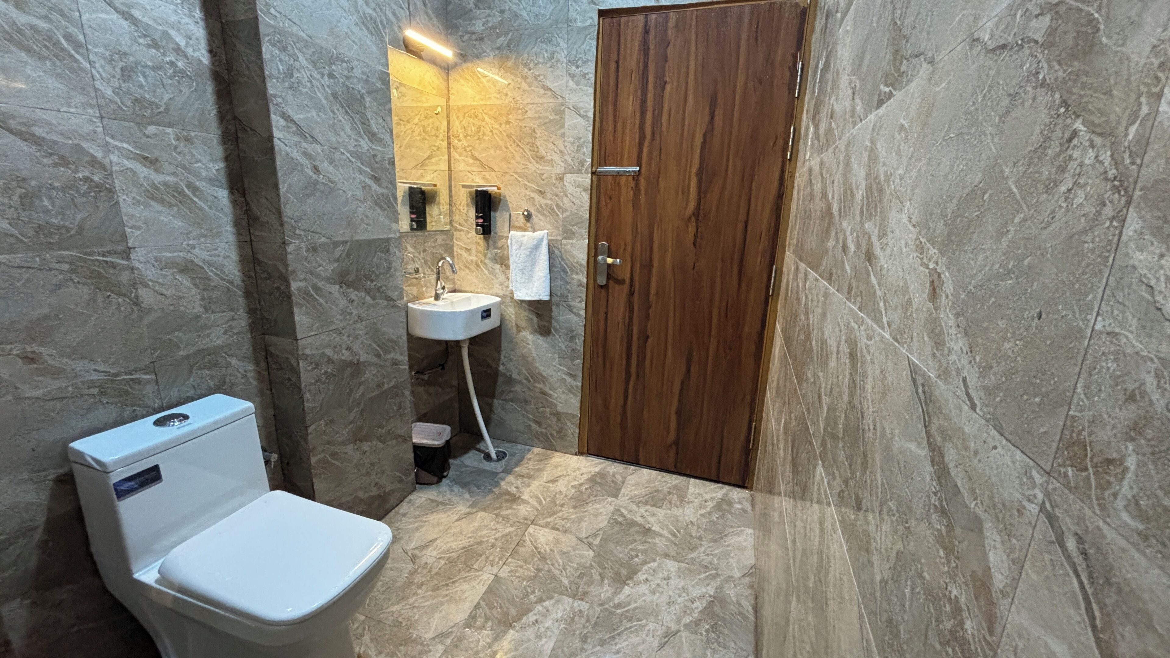A bathroom with a toilet, sink, and wooden door.