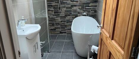 Shower, hair dryer, towels, soap
