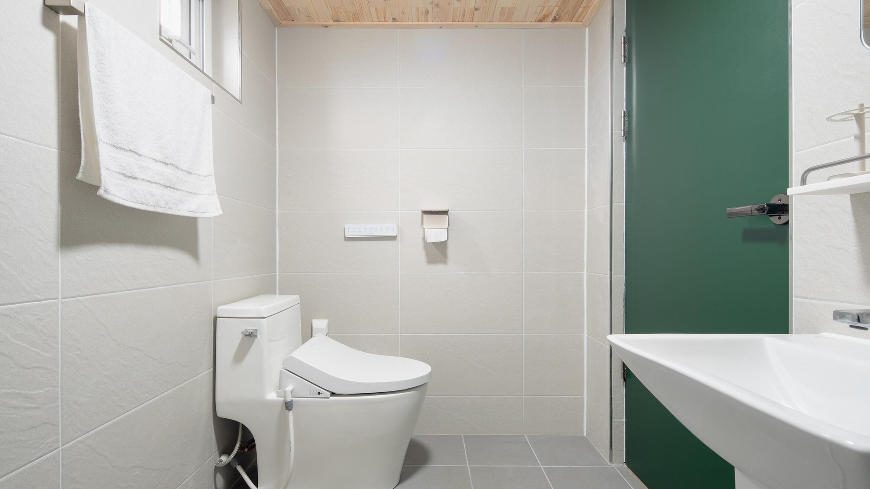 A modern bathroom with a toilet, a sink, and a green accent wall.