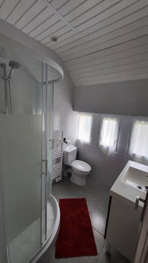Et lille badeværelse med bruser, toilet og håndvask.