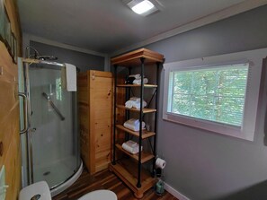 Douche, séchoir à cheveux, papier de toilette