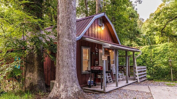 A rustic cabin with a porch, surrounded by dense forest.