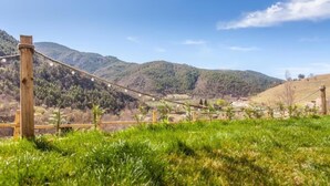 A suspension bridge with wooden railings and string lights, surrounded by green hills and a clear sky. - Casa de Muntanya con Encanto (Arsèguel)