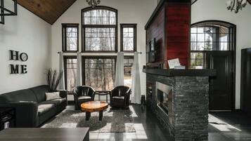 Télévision, cheminée, chaîne hi-fi