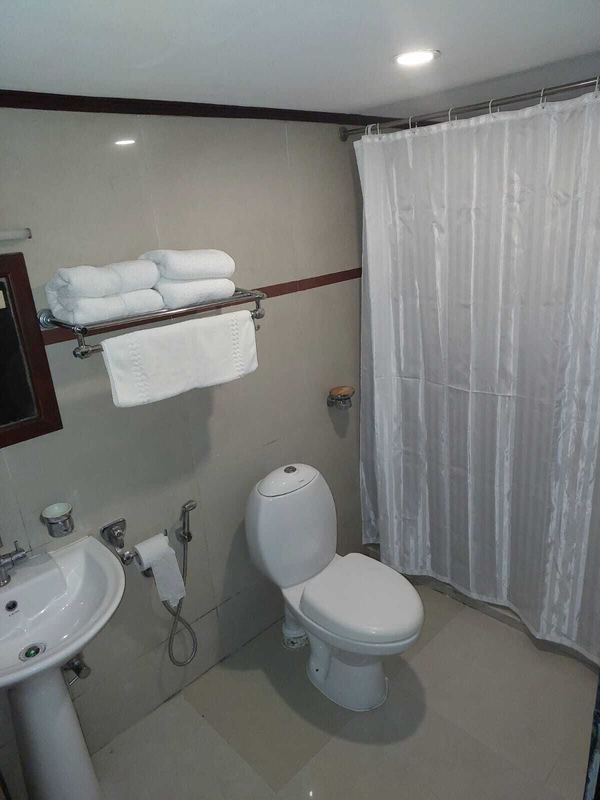 A bathroom with a toilet, sink, and a shower curtain.