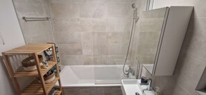 Shower, hair dryer, shampoo