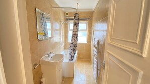 Une petite salle de bain avec un lavabo, un miroir et une douche.