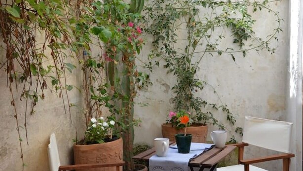A small outdoor seating area with a table, chairs, and potted plants. - Le Volte di San Leonardo (Lecce)