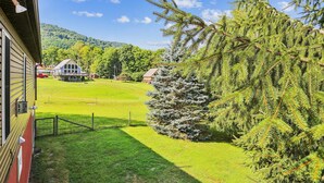 A view of a house with a well-maintained lawn and a large evergreen tree in the foreground. - Enjoy some mountain time with your favorite canine at Alpine View! (Dry Fork)