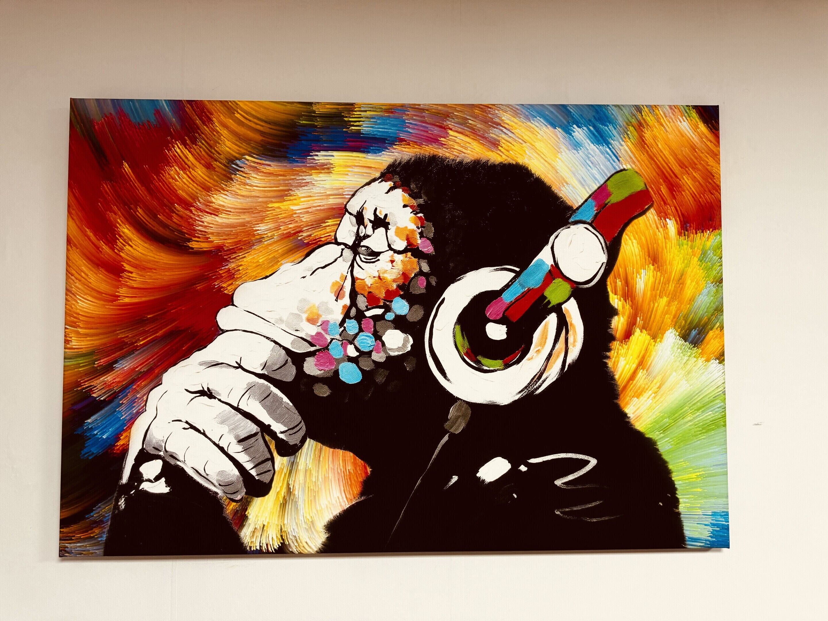 A painting of a person playing a trumpet with a colorful background.