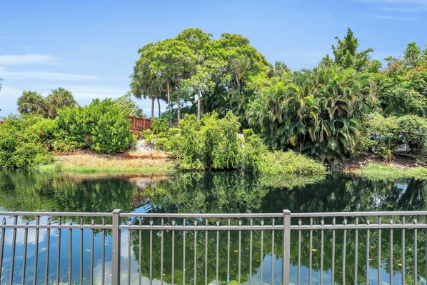 A serene lakeside view with a wooden bridge, lush greenery, and a clear sky.