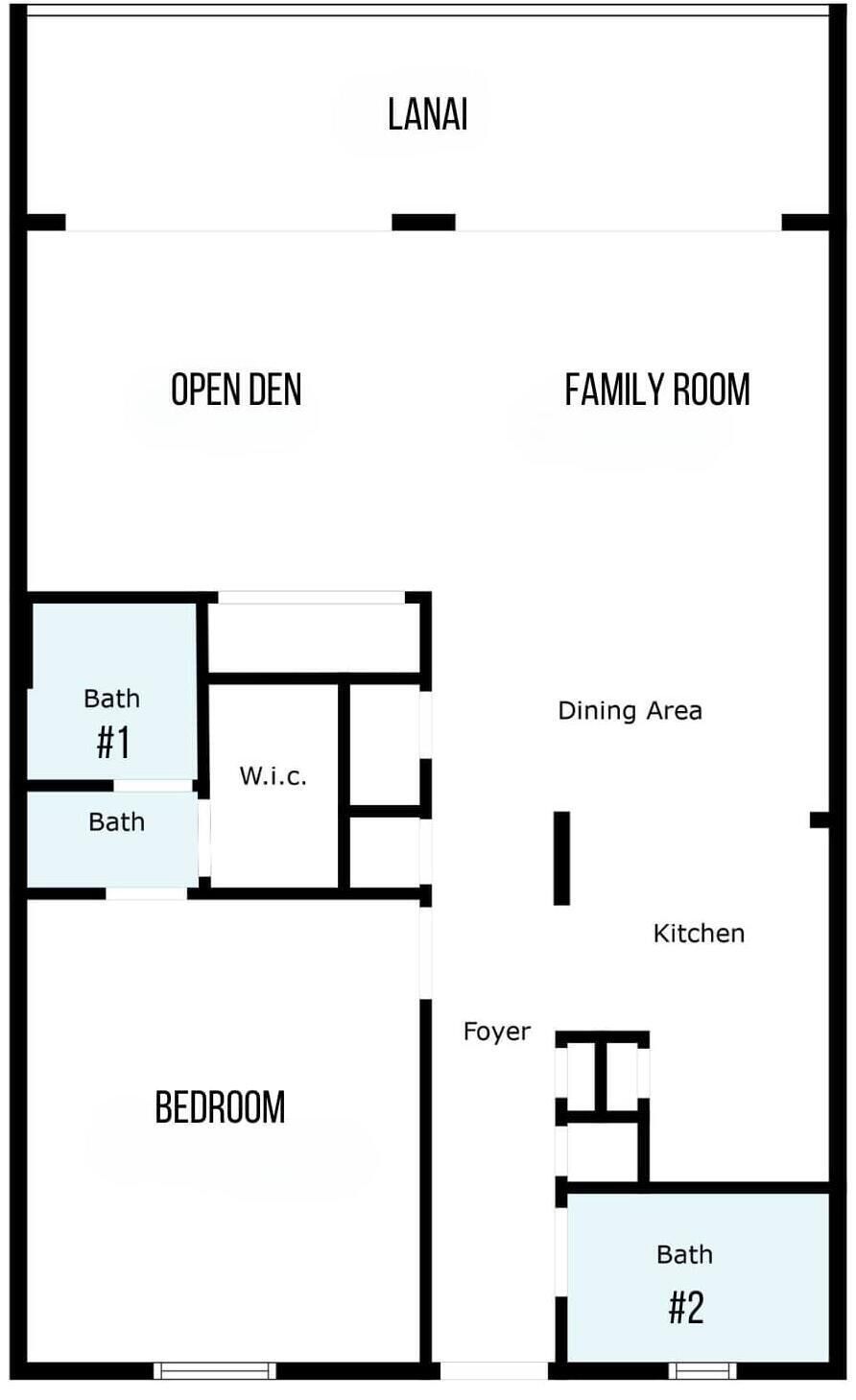Un plan d’étage comprenant un espace de vie ouvert, un salon familial, un coin repas, une cuisine, deux chambres et deux salles de bain.