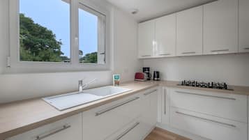 Fridge, microwave, oven, dishwasher