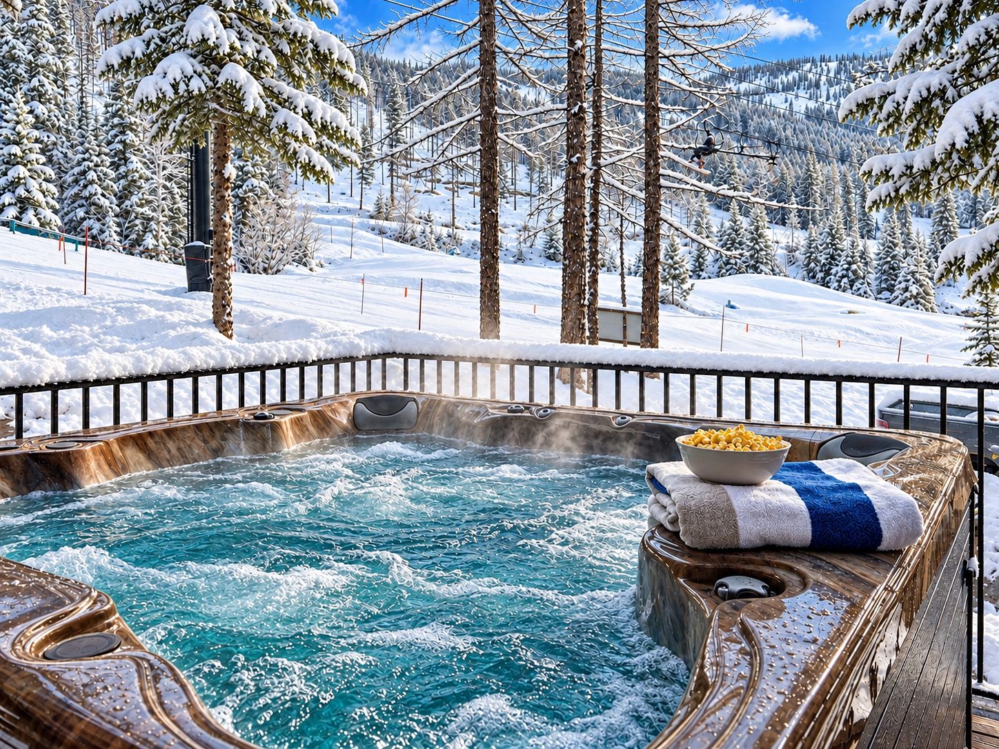 A hot tub with a view of a snowy mountain landscape.