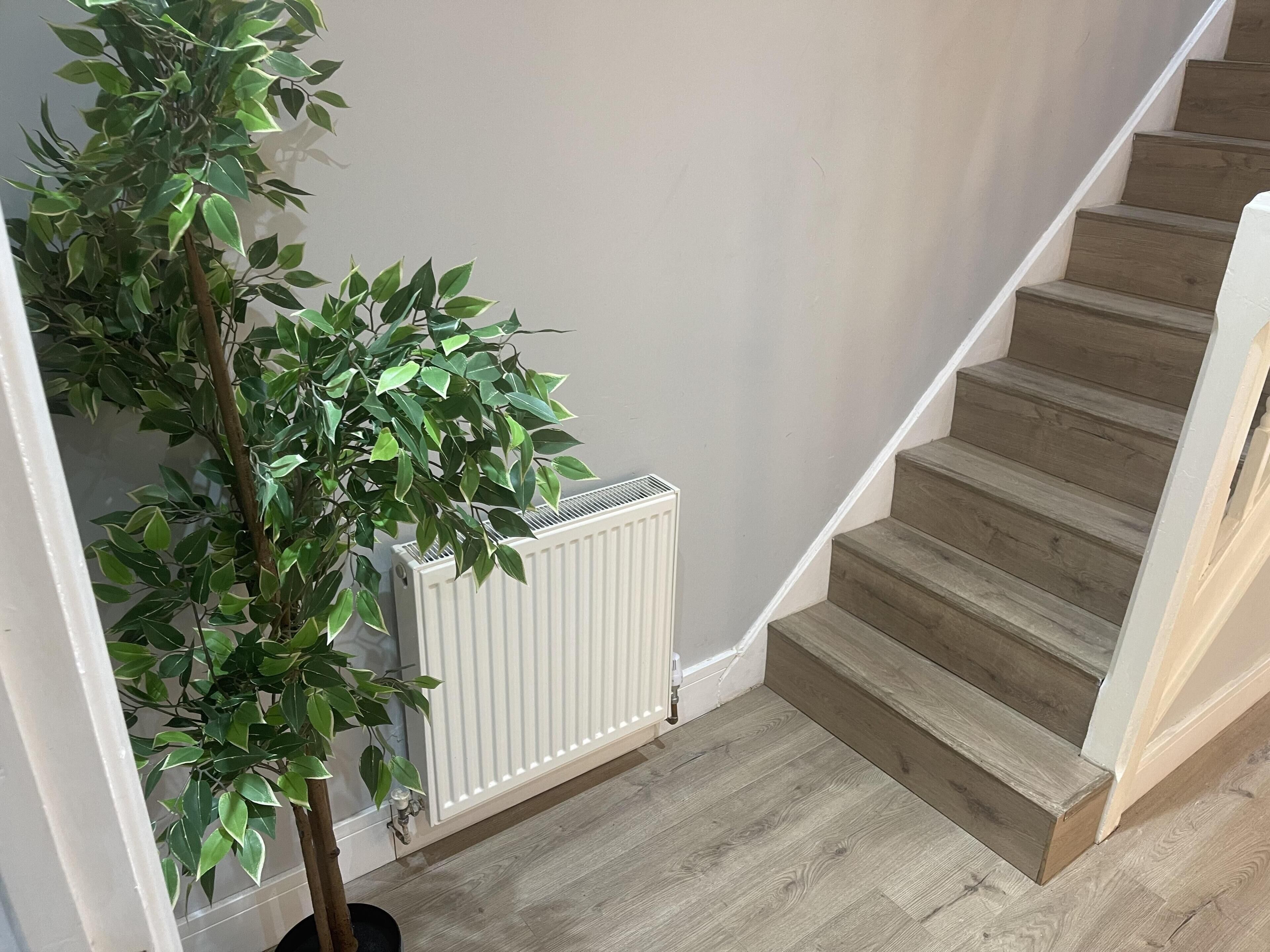 Eine Treppe mit Holzdielen und einer weißen Wand.