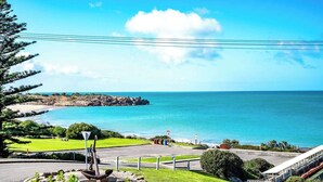 A coastal view with a grassy area, a bench, and a sculpture. - The Dolphins 1 – Beachfront Holiday Apartment | 1/10 Strangways Terrace (Port Elliot)