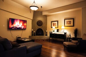 Deluxe Suite, Balcony, Valley View | Living area | 55-inch flat-screen TV with satellite channels, fireplace
