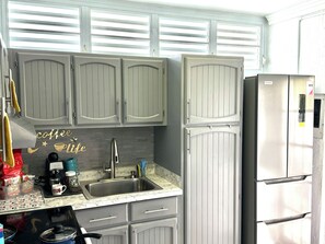 Fridge, microwave, oven, coffee/tea maker