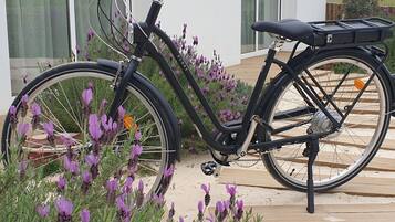 Una bicicleta estacionada sobre una cubierta de madera, con flores moradas al frente.