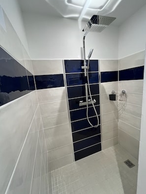 Shower, hair dryer, towels, toilet paper